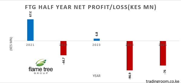 Flame Tree Holdings Plc bar graph showing profit and losses over past years,from the above we can note that the company had made the highest losses in 2024 and the highest profit in 2021